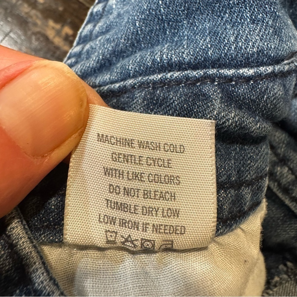 Harper blue jean denim distressed overalls, button up, pockets, straight leg, M. - Picture 14 of 14